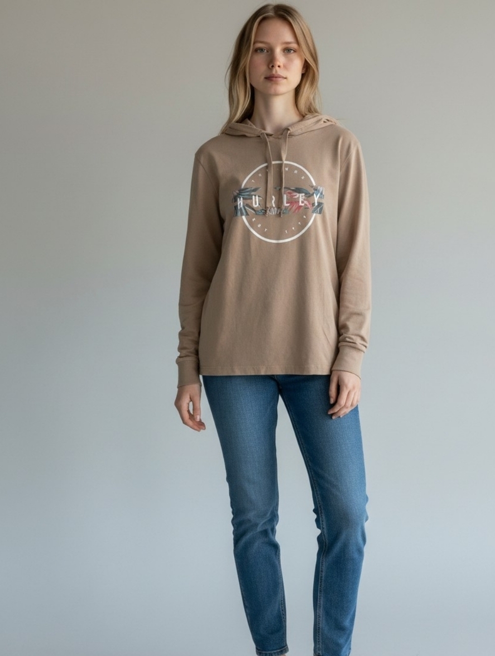 Hurley Taupe Graphic Hooded Long-Sleeve Top